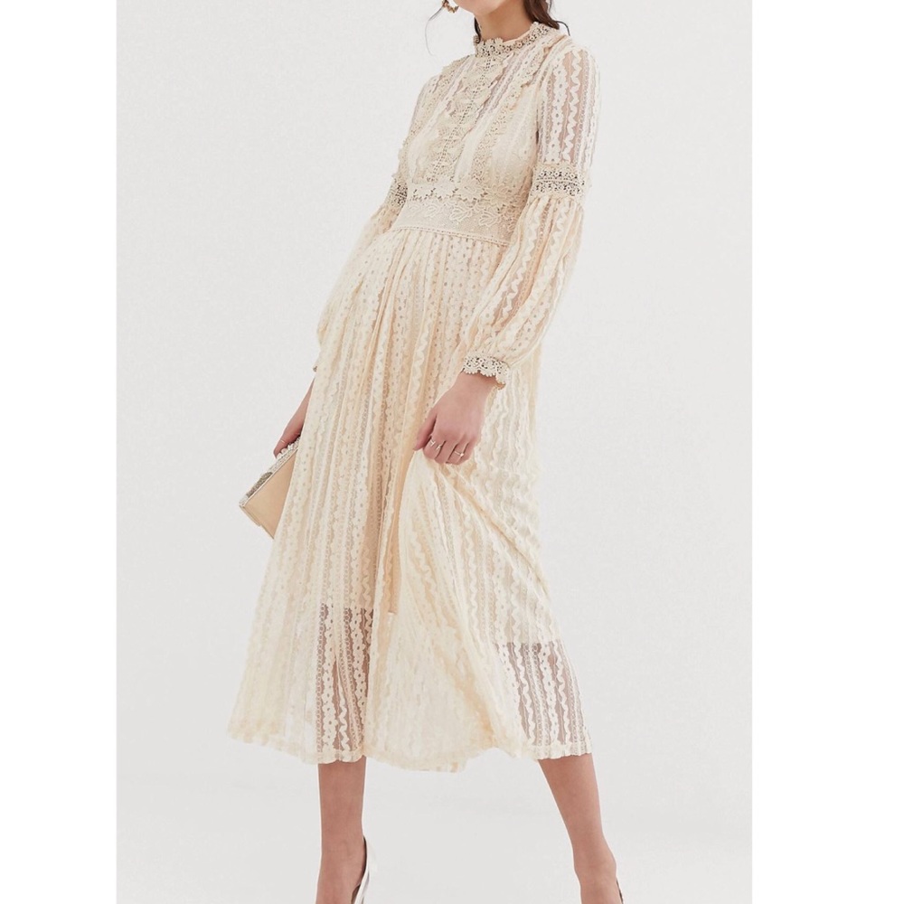 ASOS high neck, cream, lace midi dress